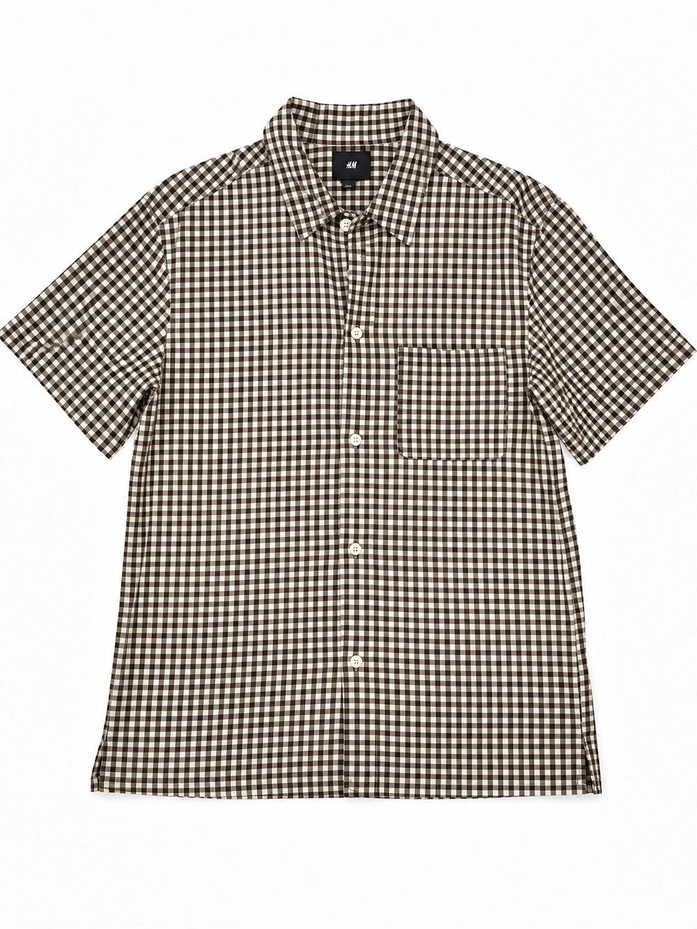 H&M mens Regular-Fit Short-Sleeved Shirt Checkered Brown & White Medium
